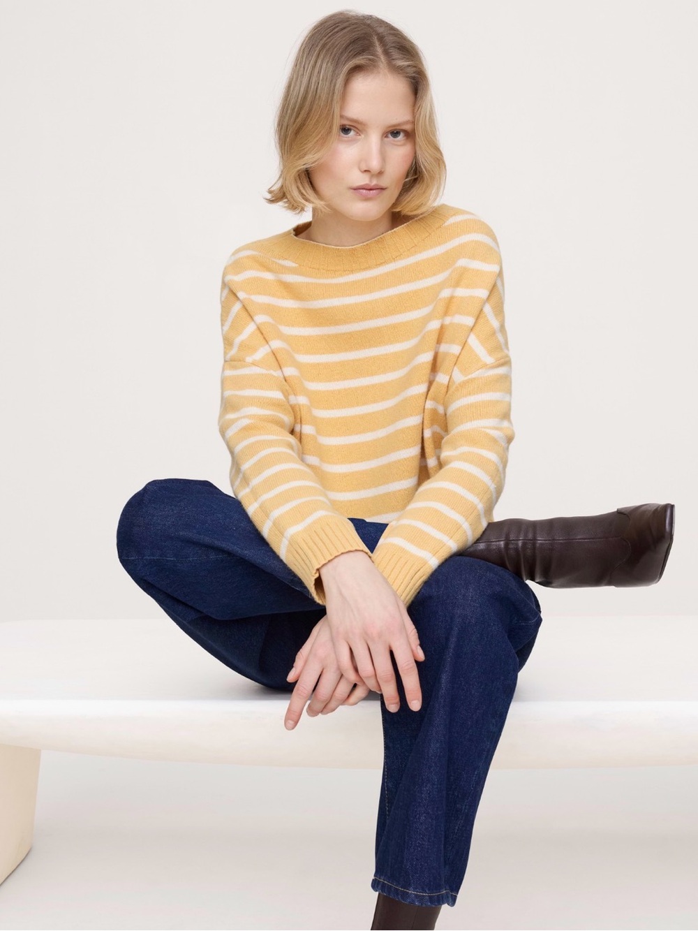 NWT Banana Republic Merino-Cotton Cropped Crewneck Sweater Yellow Stripe XL